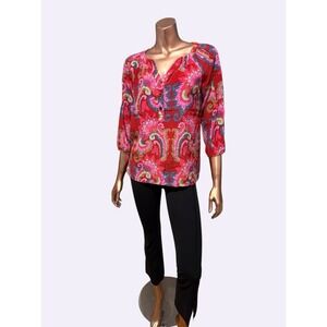 $200+ Tibi Boho 100% Silk Red Paisley Floral Peasant Blouse Festive Bohemian/2